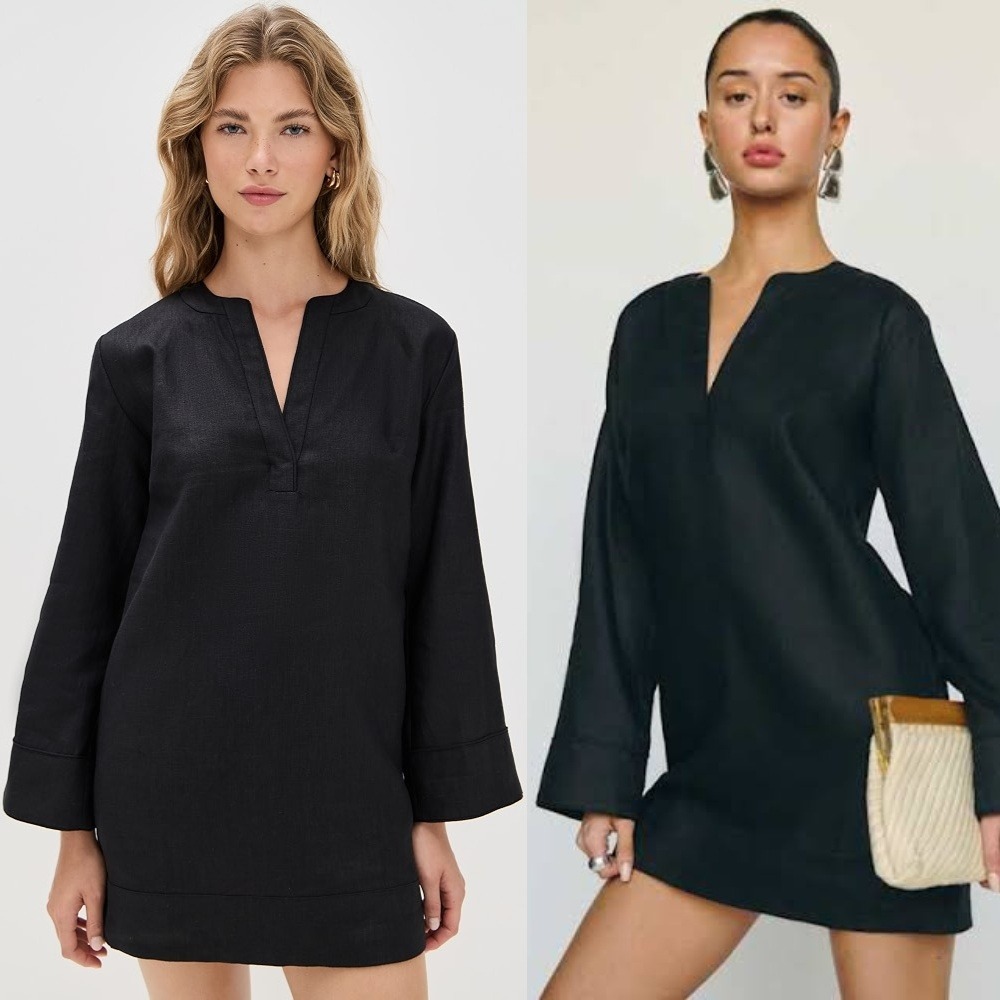 NWT Reformation Elmira Linen Mini Dress 4 Black Split Neck Long Bell Sleeve